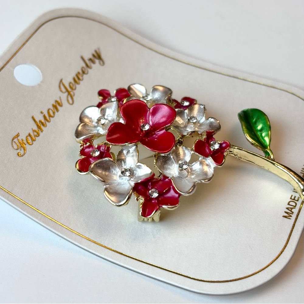 Red and white bouquet brooch, NIP - Picture 2 of 3